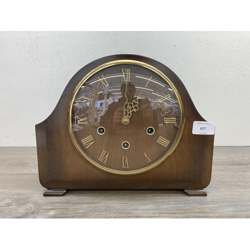 627 - A mid 20th century Smiths walnut cased Westminster chime mantel clock