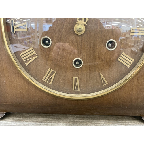 627 - A mid 20th century Smiths walnut cased Westminster chime mantel clock