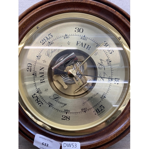 633 - A Garside Williams mahogany and brass aneroid barometer - approx. 23cm diameter