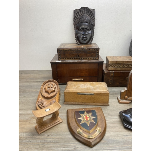 642 - A collection of items to include two 19th century workboxes, carved boxwood and ebony chess set, 193... 