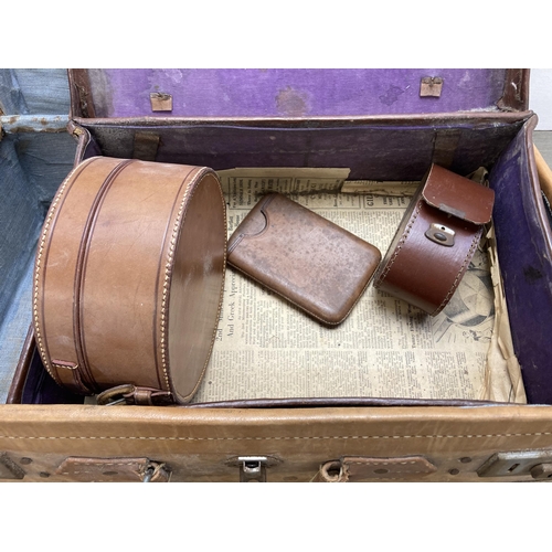 643B - Five antique and later leather accessories to include suitcase, briefcase, collar box etc.