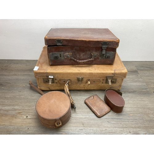 643B - Five antique and later leather accessories to include suitcase, briefcase, collar box etc.