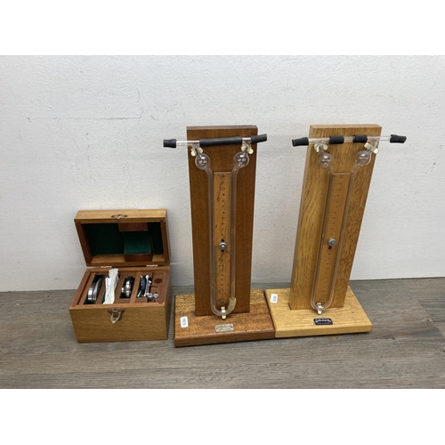 645A - A collection of vintage tools and equipment to include brown leather cased AEI Velometer, wood plane... 