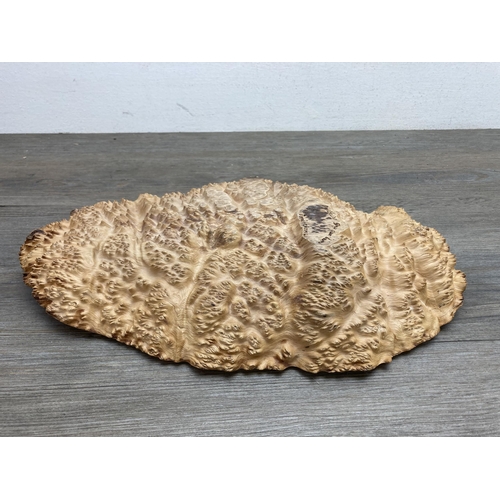 649 - A hand carved Australian gum burr walnut oval shallow dish by Paul Clare - approx. 37cm long x 23cm ... 