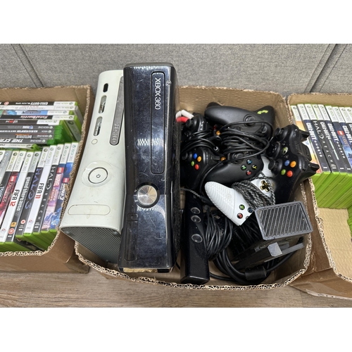 667 - Two Microsoft Xbox 360 consoles, one S and one 60GB with Kinect units, one 360 and one Xbox One; con... 