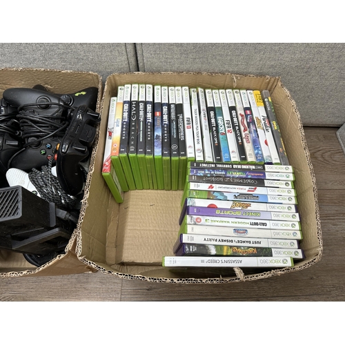 667 - Two Microsoft Xbox 360 consoles, one S and one 60GB with Kinect units, one 360 and one Xbox One; con... 