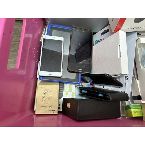 669 - A box containing various technology items to include Acer V3-112P notebook, Apple iPhone A1429, boxe... 