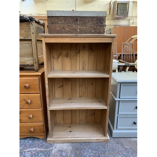 119 - Two items, one Victorian style pine three tier bookcase and one late 19th/early 20th century pine tw... 