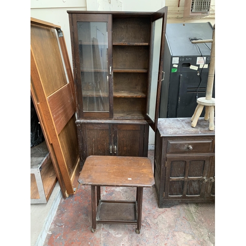 135 - Four pieces of house clearance furniture, one oak sideboard, one mahogany tea trolley, one 1930s oak... 