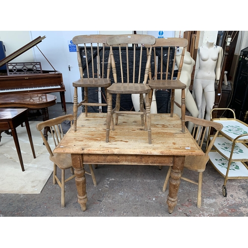 139 - A Victorian style pine rectangular farmhouse dining table and five elm spindle back dining chairs - ... 