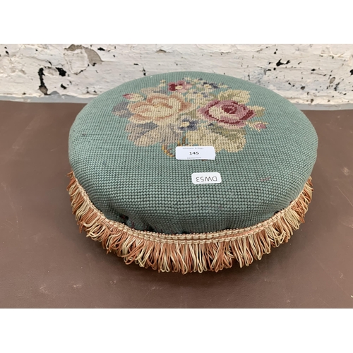 145 - A Victorian mahogany and tapestry upholstered circular footstool - approx. 30cm diameter