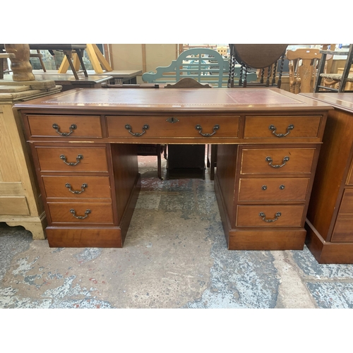 158 - A 19th century style yew wood pedestal writing desk with red leather insert - approx. 76cm high x 13... 