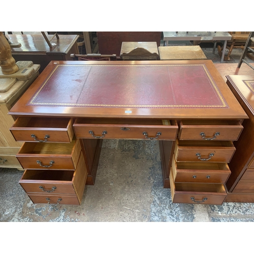 158 - A 19th century style yew wood pedestal writing desk with red leather insert - approx. 76cm high x 13... 