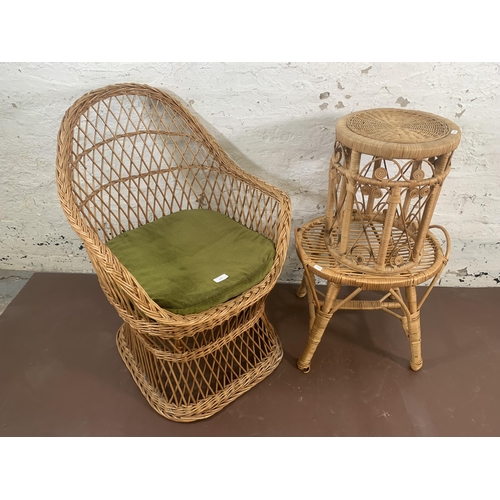 160 - Three pieces of wicker furniture, one circular side table, one armchair and one dressing table stool