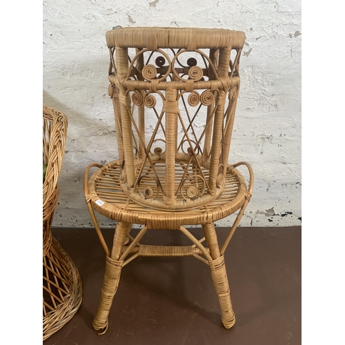 160 - Three pieces of wicker furniture, one circular side table, one armchair and one dressing table stool