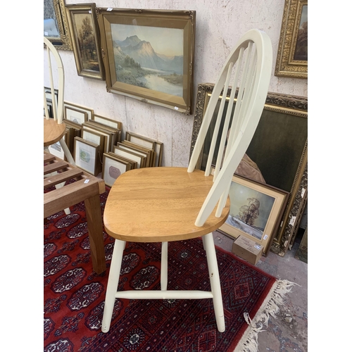 166 - Three pieces of furniture, two beech and white painted dining chairs and one teak stool