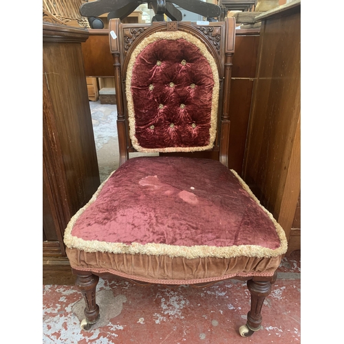 173 - A Victorian carved walnut and fabric upholstered prayer chair