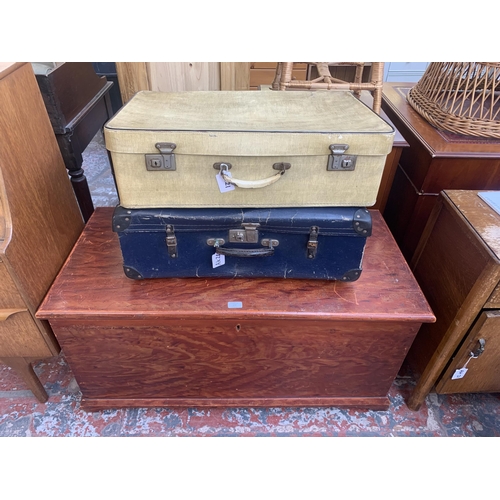 176 - Three items, one Victorian stained pine blanket box and two mid 20th century travel trunks - blanket... 