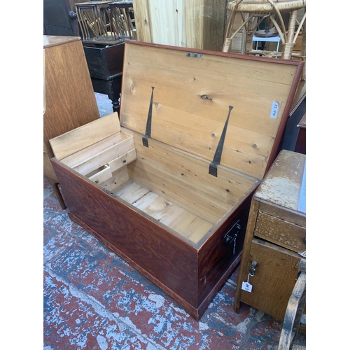 176 - Three items, one Victorian stained pine blanket box and two mid 20th century travel trunks - blanket... 