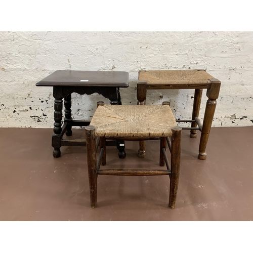 178 - Three pieces of furniture, one 17th century style ebonised oak joint side table, one elm and rush se... 