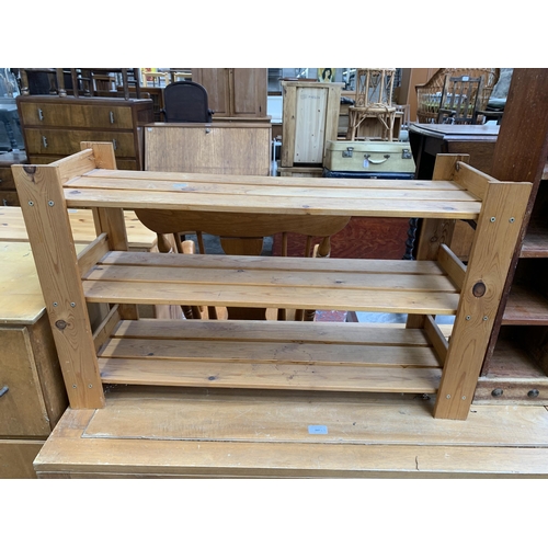 207 - Three pieces of furniture, one pine three tier shoe rack, one Indian sheesham wood six tier CD rack ... 