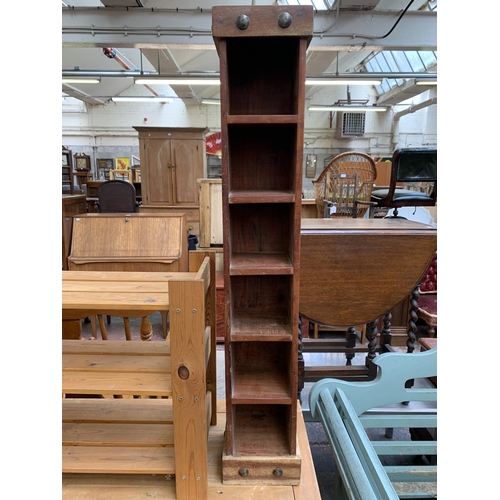 207 - Three pieces of furniture, one pine three tier shoe rack, one Indian sheesham wood six tier CD rack ... 