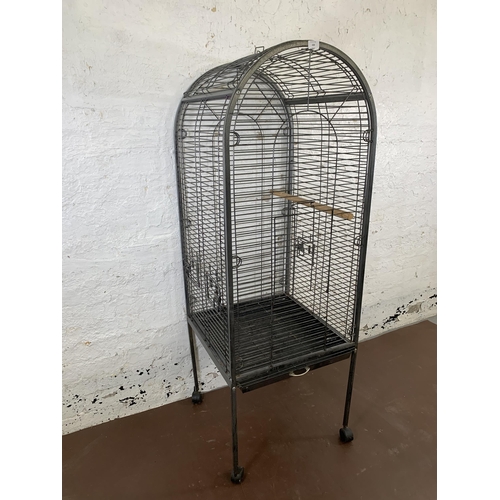 228 - A large grey metal bird cage on castors - approx. 157cm high x 56cm wide x 56cm deep