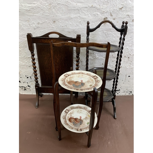 26 - Three pieces of early 20th century occasional furniture, one oak barley twist and green fabric three... 