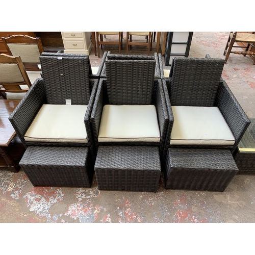43 - Seven pieces of plastic rattan effect garden furniture, six chairs with matching stools and one glas... 