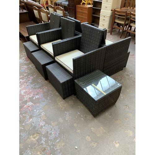 43 - Seven pieces of plastic rattan effect garden furniture, six chairs with matching stools and one glas... 
