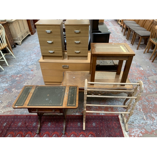 91 - Seven pieces of house clearance furniture to include Victorian style beech towel rail, pair of teak ... 