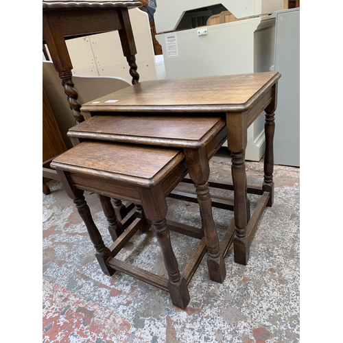 94 - Two pieces of oak furniture, one early 20th century pie crust edge side table on barley twist suppor... 