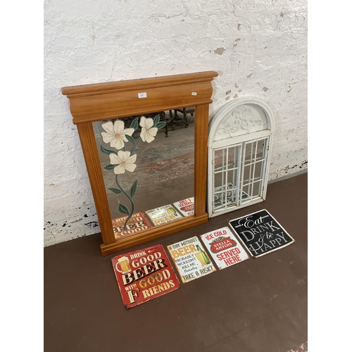 270 - Six items, one pine framed wall mirror with floral design, one French style white metal framed windo... 