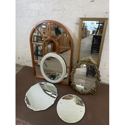 271 - Six various wall mirrors, two mid 20th century frameless, two gilt framed, one plastic framed and on... 