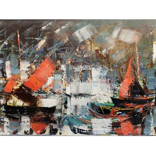 273 - A mid 20th century framed oil on canvas of a boat scene, signed lower left - approx. 60cm high x 110... 