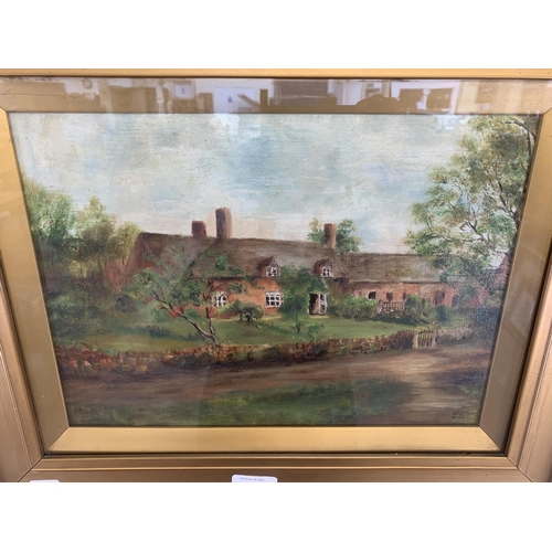 280 - An early 20th century gilt framed oil painting of a cottage scene, signed lower right ES - approx. 3... 