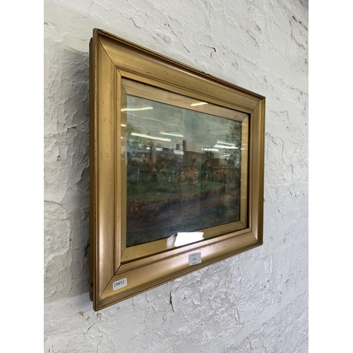 280 - An early 20th century gilt framed oil painting of a cottage scene, signed lower right ES - approx. 3... 