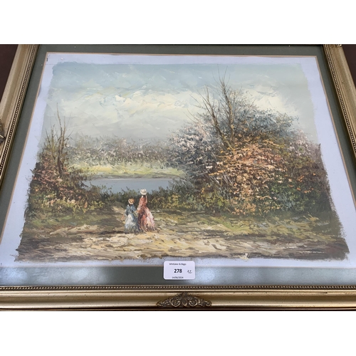 278 - Two 20th century gilt framed oil paintings on canvas - largest approx. 46cm high x 56cm wide