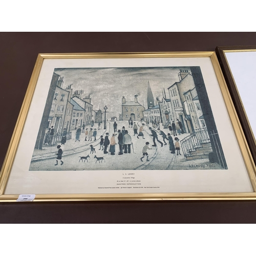 288 - Two framed prints, one L. S. Lowry 'A Lancashire Village' and one harbour scene - largest approx. 54... 