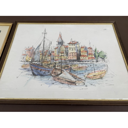 288 - Two framed prints, one L. S. Lowry 'A Lancashire Village' and one harbour scene - largest approx. 54... 