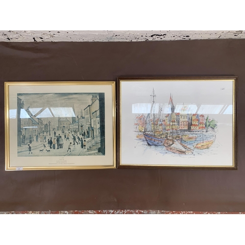 288 - Two framed prints, one L. S. Lowry 'A Lancashire Village' and one harbour scene - largest approx. 54... 