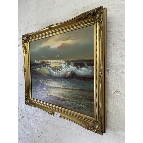 289 - A gilt framed Claude Terray seascape oil on canvas - approx. 49cm high x 59cm wide