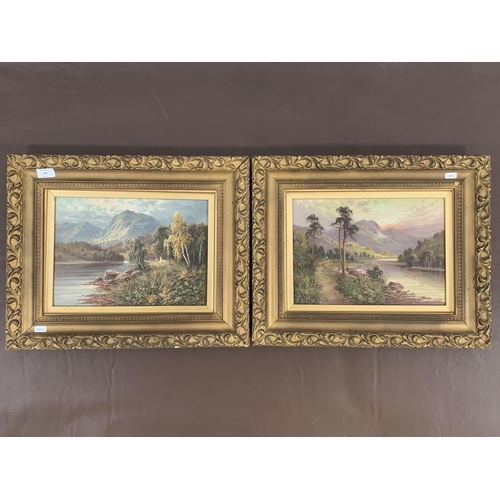 292 - Two early 20th century gilt framed landscape scene oil paintings on canvas, signed JS and dated 1916... 