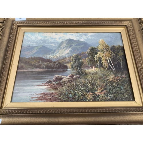 292 - Two early 20th century gilt framed landscape scene oil paintings on canvas, signed JS and dated 1916... 