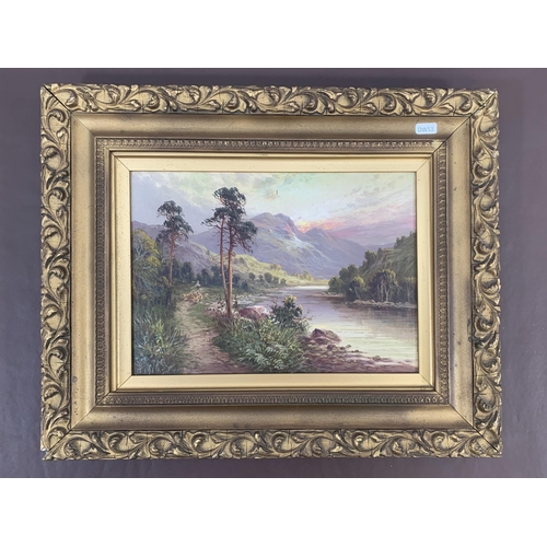 292 - Two early 20th century gilt framed landscape scene oil paintings on canvas, signed JS and dated 1916... 