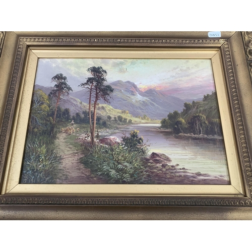 292 - Two early 20th century gilt framed landscape scene oil paintings on canvas, signed JS and dated 1916... 