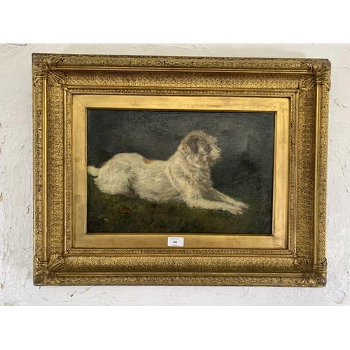 300 - A 19th century gilt framed Circle of George Paice oil on board of a long haired Terrier seated on gr... 