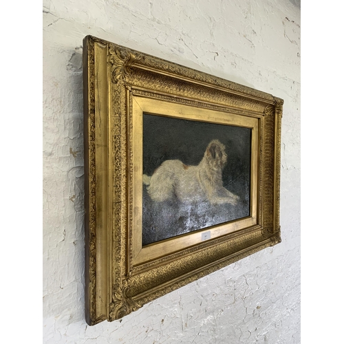 300 - A 19th century gilt framed Circle of George Paice oil on board of a long haired Terrier seated on gr... 