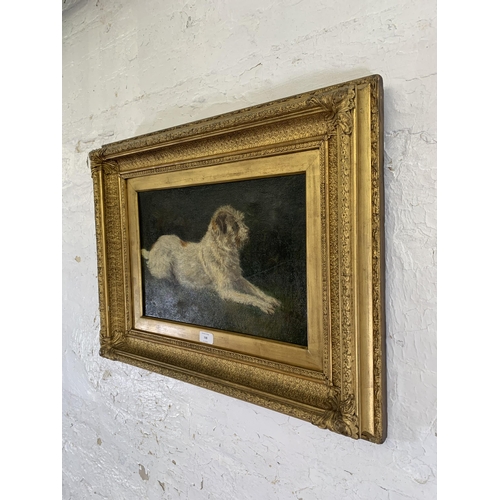 300 - A 19th century gilt framed Circle of George Paice oil on board of a long haired Terrier seated on gr... 