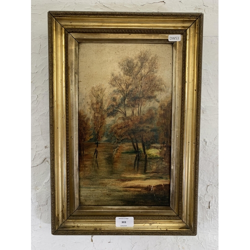 303 - A 19th century gilt framed oil on canvas of landscape scene - approx. 46cm high x 30cm wide